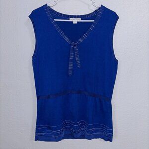 Pendleton Blue Sleeveless Knit Top L Tie Neck Trim Detail Cotton Blend‎